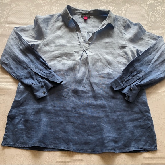 Vince Camuto Women’s Blue Linen Shirt Size XS Long Sleeves V-Neck Collared - Picture 9 of 16
